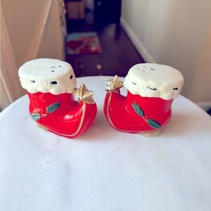 Vintage Christmas Boots with Holly and Gold Stars Salt and Pepper Figurines